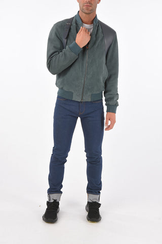Leather Strap Suede Bomber Jacket