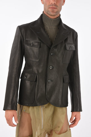 MM10 leather peak lapel 3 buttos blazer