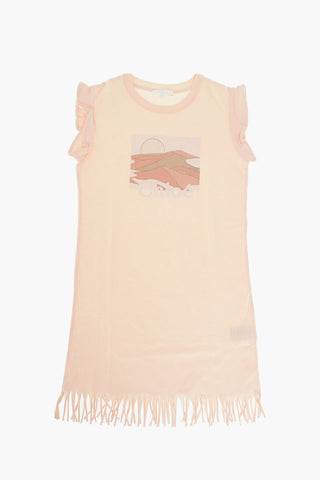 fringed tee dress with print on the front