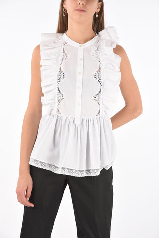 Camicia Ruffle Front Smanicata con Bordi in Pizzo