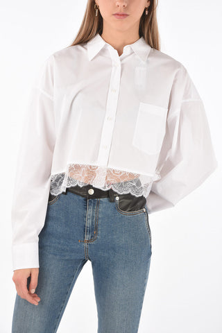Lace Bottom Crop Cotton Shirt with Breast-pocket