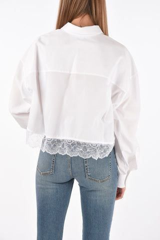 Lace Bottom Crop Cotton Shirt with Breast-pocket