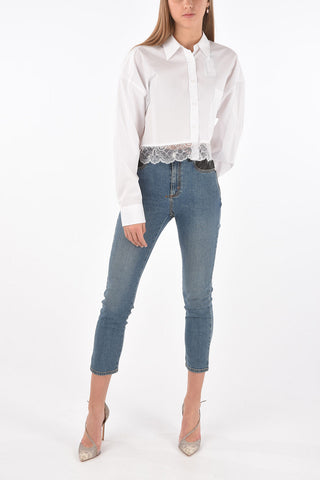 Lace Bottom Crop Cotton Shirt with Breast-pocket