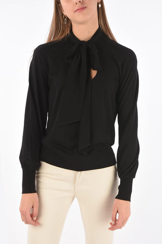 Tie Neck Wool Sweater with Embroidered Logo