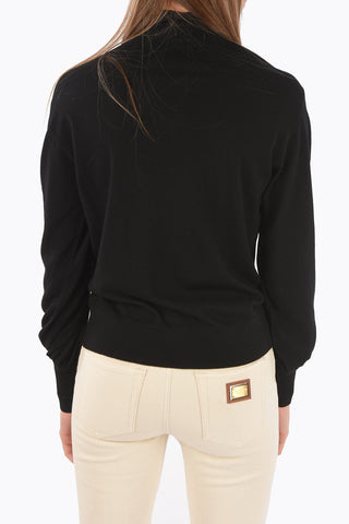 Tie Neck Wool Sweater with Embroidered Logo