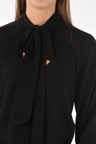 Tie Neck Wool Sweater with Embroidered Logo