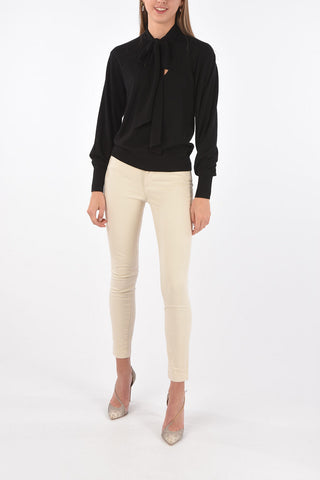 Tie Neck Wool Sweater with Embroidered Logo
