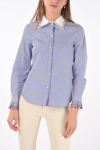 Camicia Gessata con Collo Francese Ricamato
