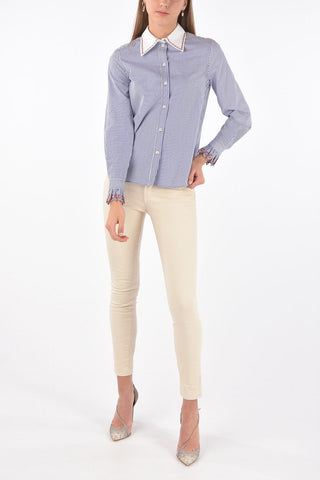 Camicia Gessata con Collo Francese Ricamato