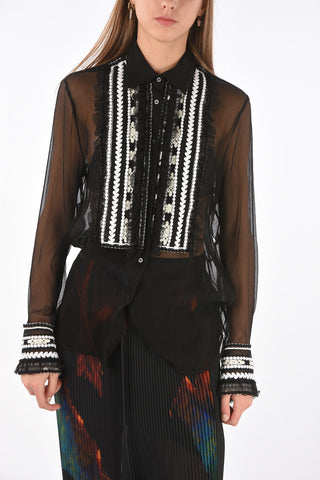 Camicia Tuxedo in Seta con Ricami a Contrasto