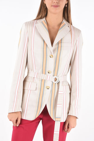 Unlined Bayadere Cotton Blazer with Belt