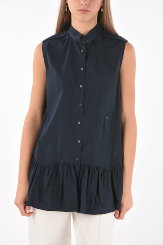 Sleeveless Cotton Shirt with Mandarin Collar