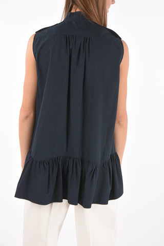 Sleeveless Cotton Shirt with Mandarin Collar