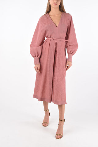 V Neck Jacquard Fabric Dress with Belt