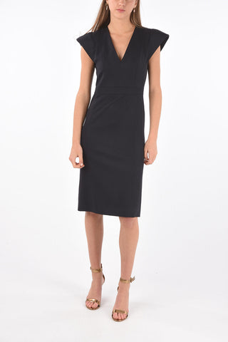 Short-sleeved V Neck Midi Dress with Pleated Detail