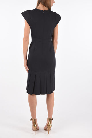 Short-sleeved V Neck Midi Dress with Pleated Detail