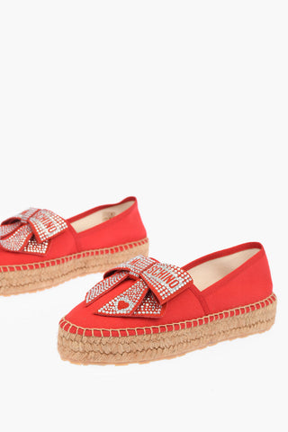 LOVE Canvas Platform Espadrilles with Strass Logo Bow 4cm