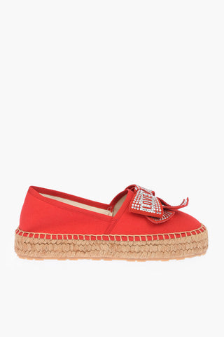LOVE Canvas Platform Espadrilles with Strass Logo Bow 4cm