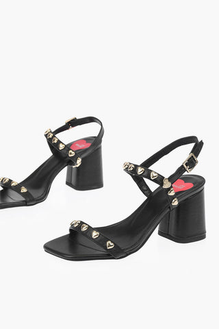 LOVE Leather Chunky Heeled Sandals with Heart Studs 7cm