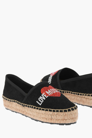 LOVE Plateau-Espadrilles aus Veloursleder mit Strass-Logo 4cm