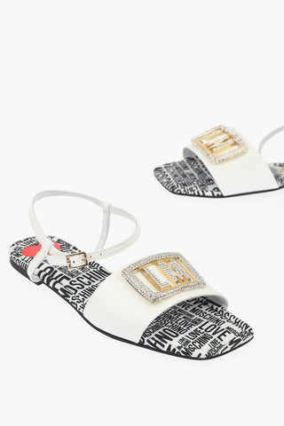 LOVE Patent Leather Flat Sandals with Logoed Jewel Detail