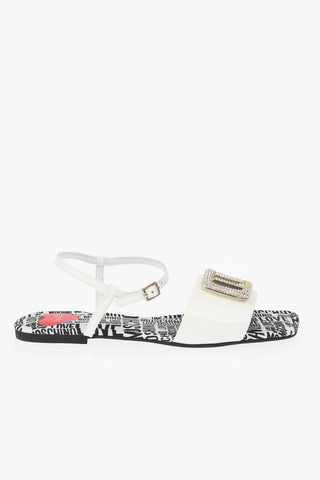 LOVE Patent Leather Flat Sandals with Logoed Jewel Detail