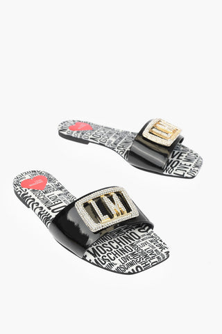 LOVE Patent Leather Slides with Logoed Jewel Detail