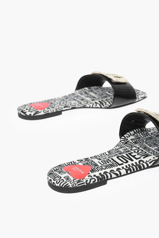 LOVE Patent Leather Slides with Logoed Jewel Detail