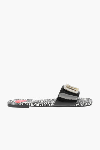 LOVE Patent Leather Slides with Logoed Jewel Detail