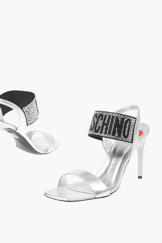 LOVE Laminated Leather Stiletto Heel Sandals with Rhinestoned Logo 10 cm