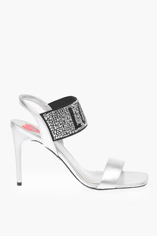 LOVE Laminated Leather Stiletto Heel Sandals with Rhinestoned Logo 10 cm