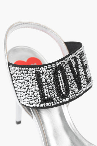 LOVE Laminated Leather Stiletto Heel Sandals with Rhinestoned Logo 10 cm