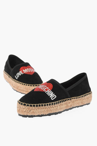 LOVE Suede Split Leather Platform Espadrilles with Strass Logo 4cm