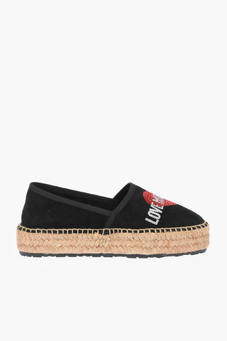LOVE Suede Split Leather Platform Espadrilles with Strass Logo 4cm