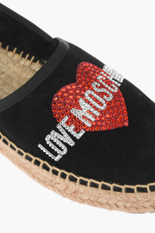 LOVE Suede Split Leather Platform Espadrilles with Strass Logo 4cm