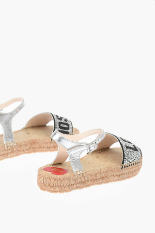 LOVE Laminated Leather Ankle-Strap Sandals with Rhinestone Logo 3cm