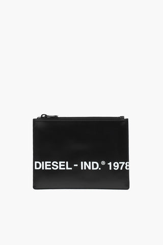 logo-printed leather LUNI pouch with zip closure