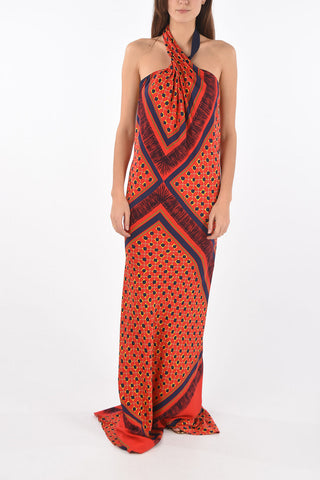Vestito lungo halter neck stampato con drappeggio