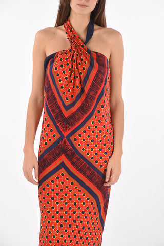 Vestito lungo halter neck stampato con drappeggio