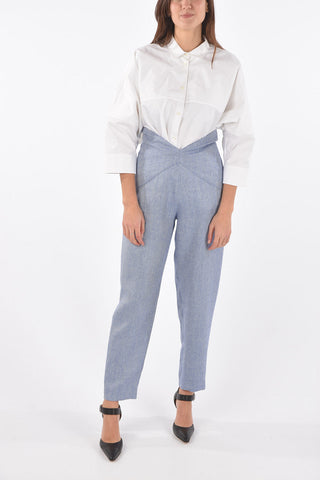 Pantaloni in Lana Herringbone Con Vita a V