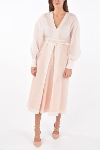 Abito in Tessuto Jacquard con Collo a V e Cintura