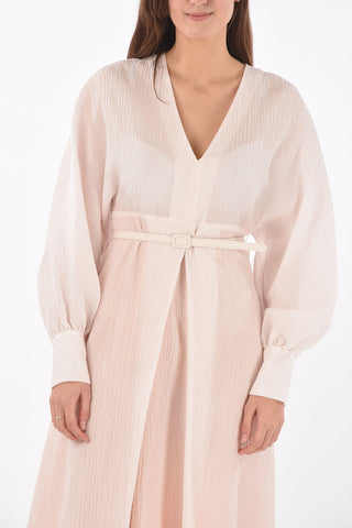 Abito in Tessuto Jacquard con Collo a V e Cintura