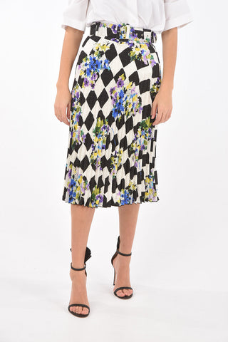 Pleated Midi Skirt CHECK FLOWERS NEW BASIC with Belt