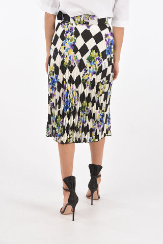 Pleated Midi Skirt CHECK FLOWERS NEW BASIC with Belt