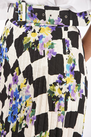 Pleated Midi Skirt CHECK FLOWERS NEW BASIC with Belt