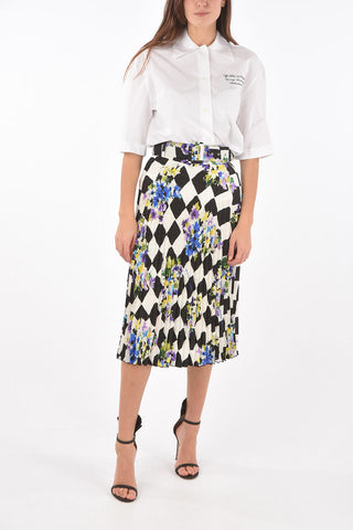 Pleated Midi Skirt CHECK FLOWERS NEW BASIC with Belt