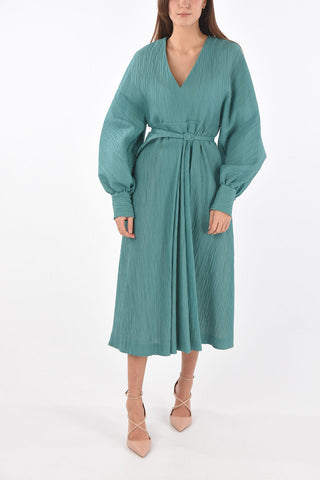 Abito in Tessuto Jacquard con Collo a V e Cintura