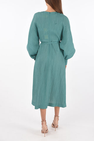 Abito in Tessuto Jacquard con Collo a V e Cintura