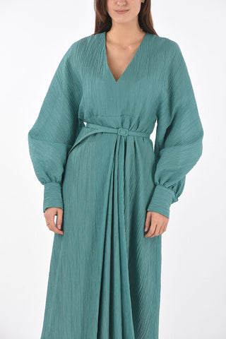 Abito in Tessuto Jacquard con Collo a V e Cintura