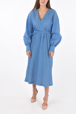 Abito in Tessuto Jacquard con Collo a V e Cintura